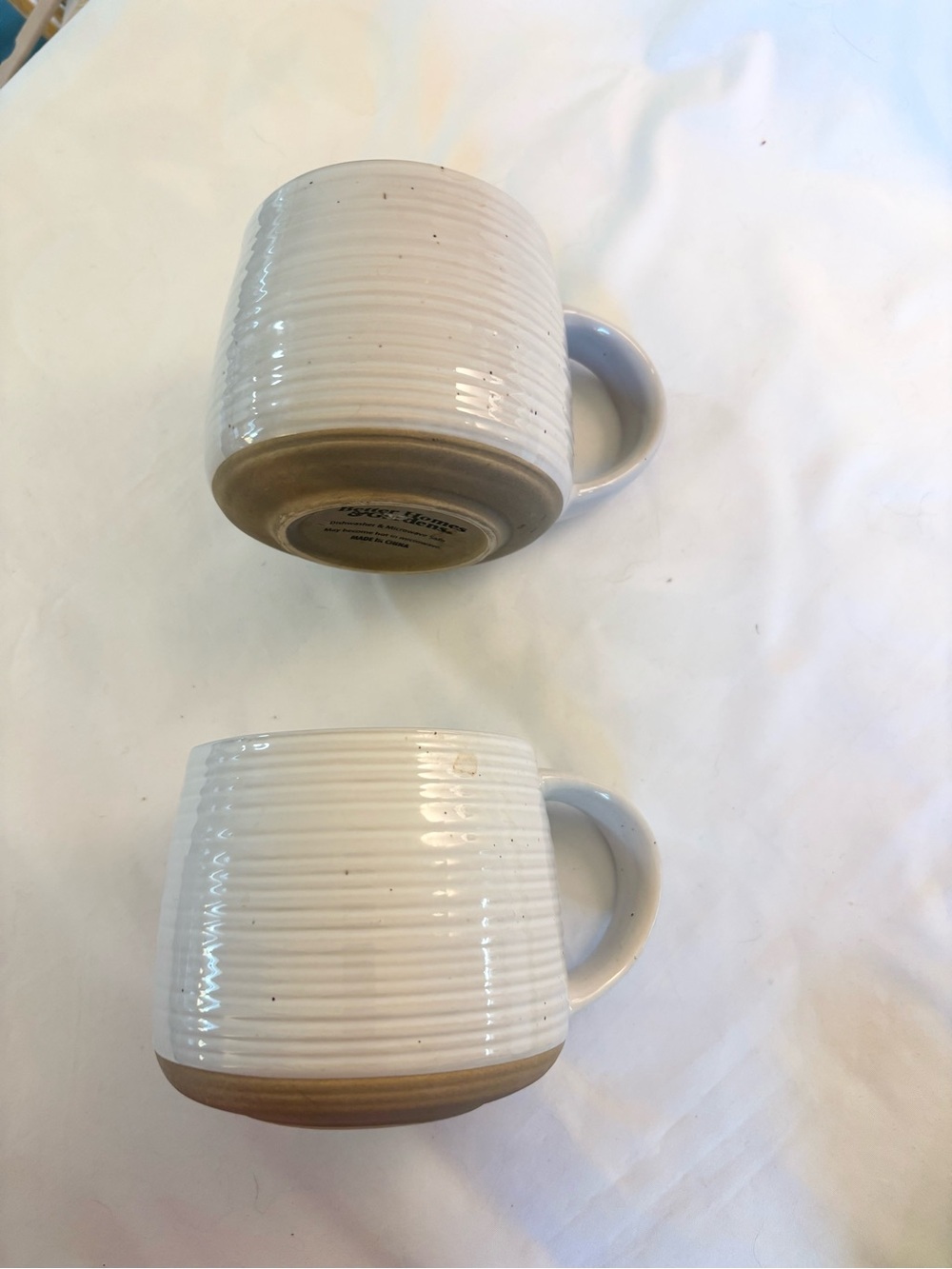 Better Homes And Gardens White Ribbed Ceramic Mugs with Tan Bases - Set of 2